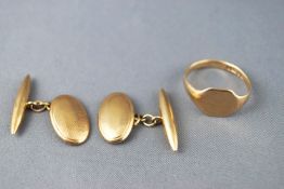 A pair of hallmarked 9ct gold chain link cufflinks together with a 9ct gold plain signet ring,