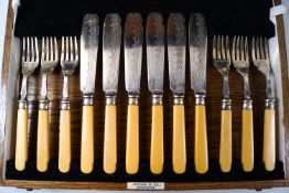 A cased set of plated fish knives and forks,