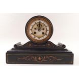 A Victorian slate mantel clock, the enamel dial with visible anchor escapement, striking on a bell,