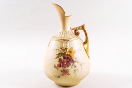 A Royal Worcester blush ivory jug, printed and painted with flowers, printed marks in puce,