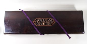 A rectangular fan box, inset with a Chinese carved and gilded panel,