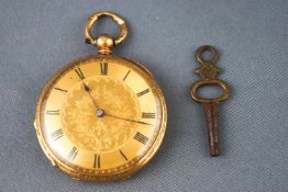 An open face engraved case pocket watch, key wound movement (key supplied). Case stamped 18K.