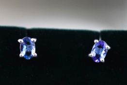 A white metal pair of single stone tanzanite stud earrings, approximate 1.20ct.