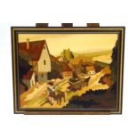 An Italian marquetry wall panel of a rural street scene,