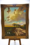 R Evans, Storm Cloud over a lane by Glastonbury Tor, oil on canvas, signed lower right,