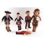 Five plush dolls, Chad Valley and Norah Wellings, the Scotsman with paper tags, 23cm high,