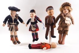 Five plush dolls, Chad Valley and Norah Wellings, the Scotsman with paper tags, 23cm high,