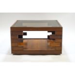 A mahogany retro style square coffee table, with smoked glass top, 43cm high,