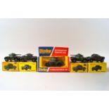 A Dinky amoured patrol car No 667, two armored cars No 670 and two amoured cars No 814,
