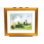 Dennis Leach, a countryside scene with Church, original watercolour,