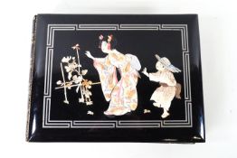 A Japanese lacquer post card album with applied carved bone and mother of pearl,