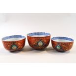 A set of three Chinese graduated tea bowls, decorated in the Imari palette.