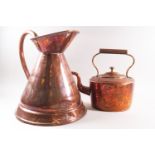 A Victorian copper kettle, 26cm high, and a copper jug with loop handle to the flared body,