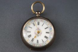 An 800 grade white metal open faced pocket watch with white ceramic floral design dial.