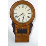 A Victorian drop dial wall clock of mixed wood and veneer, set a round Roman dial,
