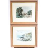A pair of framed prints of a coastal and a rural scene.
