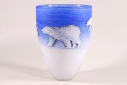 A cameo studio glass vase with polar bears, indistinctly etched signature to base,