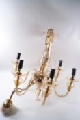 A cut glass tinted six branch hanging chandelier,