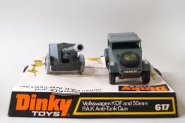 A Dinky Commando Jeep No 612, A Volkswagen anti tank gun No 617, a motor patrol boat No 675.....