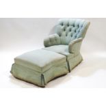 An upholstered button back Duchesse Brisee form armchair and foot stool set