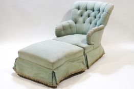 An upholstered button back Duchesse Brisee form armchair and foot stool set