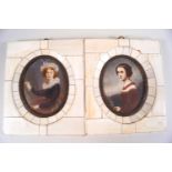 A pair of portrait miniatures, printed and painted with ladies, in 'Piano' key frames,