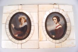 A pair of portrait miniatures, printed and painted with ladies, in 'Piano' key frames,