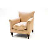 Edwardian silk (?) upholstered small armchair on turned mahogany castered front legs,