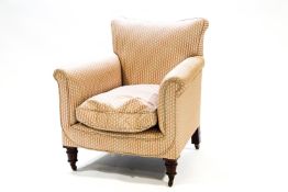 Edwardian silk (?) upholstered small armchair on turned mahogany castered front legs,