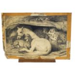 English School, 19th century, Mare and foal with sleeping dogs, pencil,