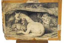 English School, 19th century, Mare and foal with sleeping dogs, pencil,