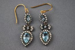 A pair of ornate drop earrings set with topaz, diamonds and pearls. Hook fitting.