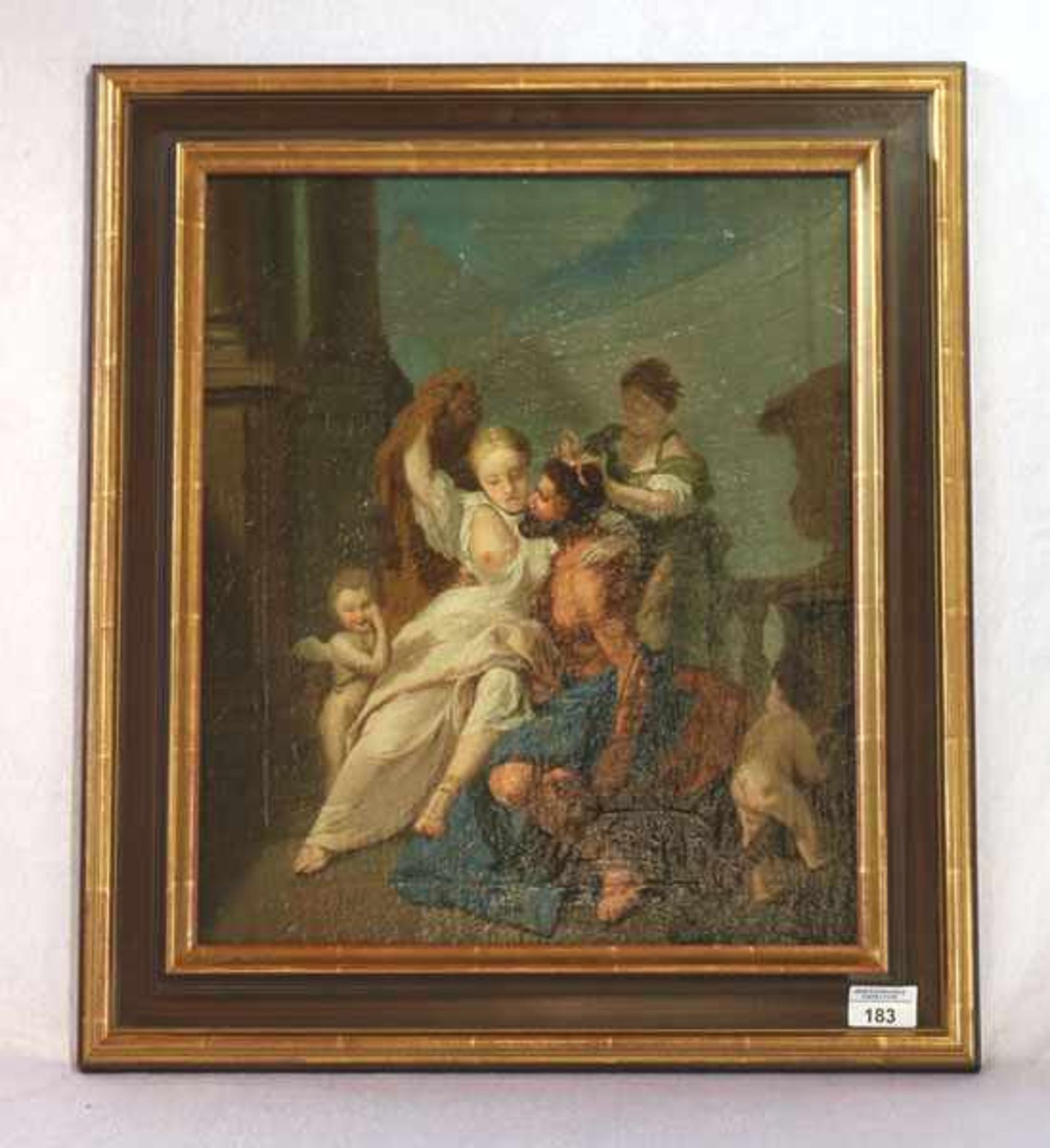 Gemälde ÖL/LW auf Holz ? 'Verführung des Teufels', 18. Jahrhundert, gerahmt, Rahmen bestossen, incl.