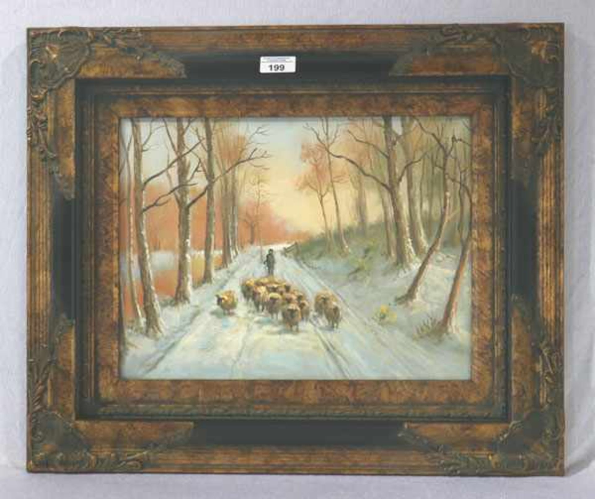 Gemälde ÖL/LW 'Schäfer mit Schafen in Winterlandschaft', gerahmt, incl. Rahmen 49 cm x 59 cm