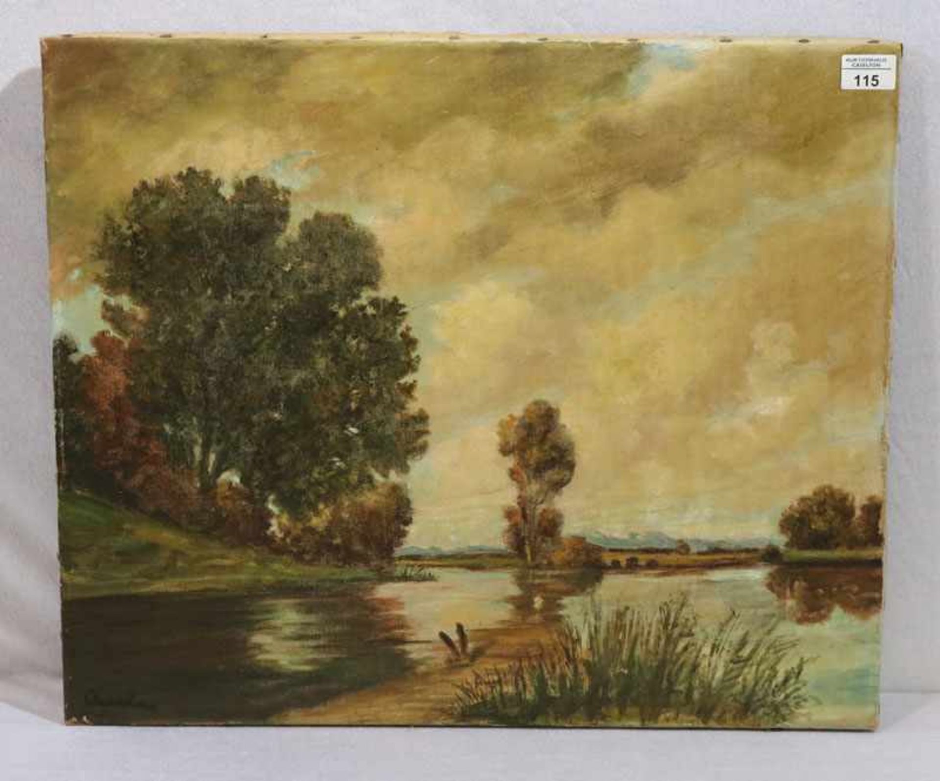 Gemälde ÖL/LW 'Gewässer in Voralpenlandschaft', undeutlich signiert, ohne Rahmen, 50 cm x 61 cm