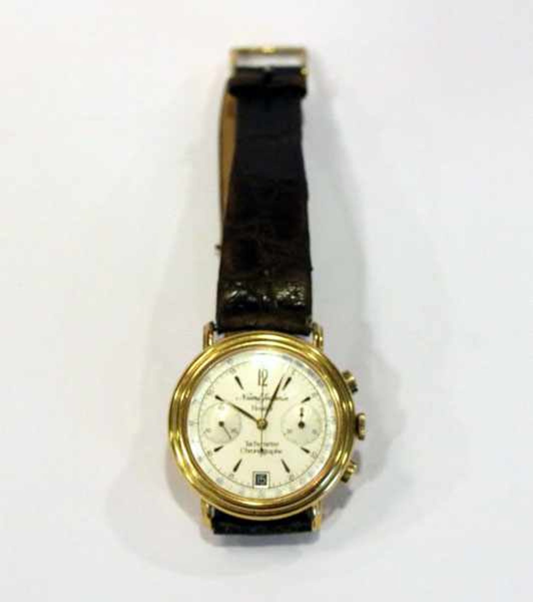 Herren Armbanduhr Chronograph mit Datum, Numa Jeannin Fleurier, rückseitig graviert Edition Antiqué,