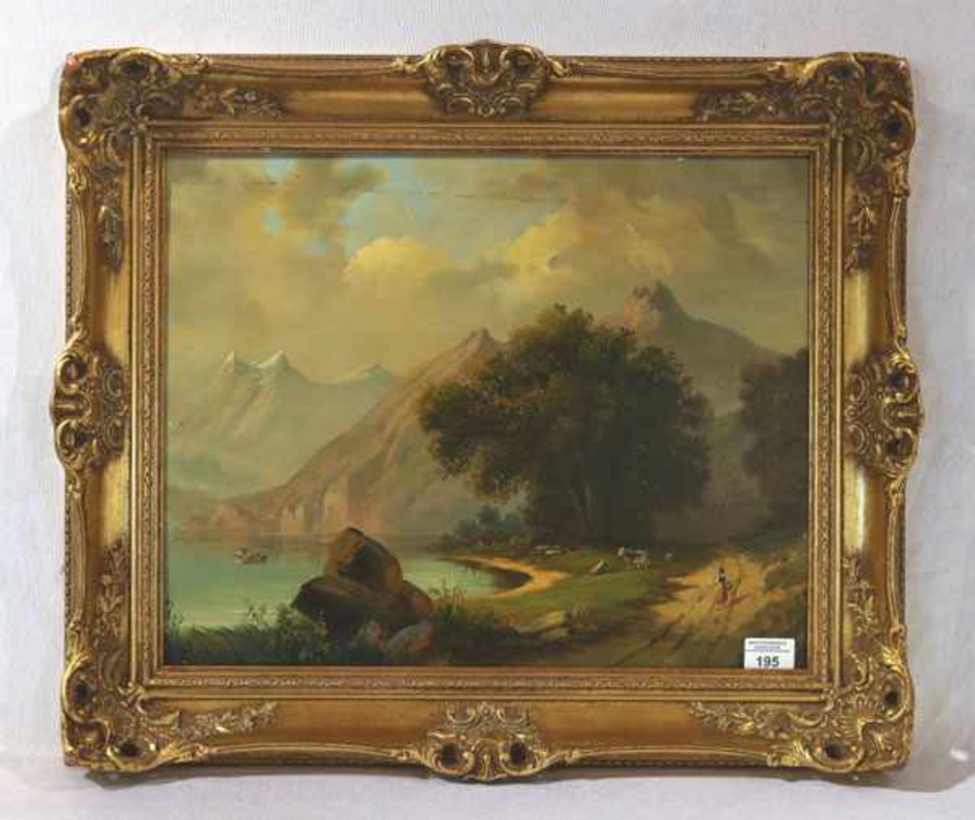 Gemälde ÖL/Holz 'Gebirgslandschaft mit See', signiert Meser ?, gerahmt, incl. Rahmen 54 cm x 64 cm