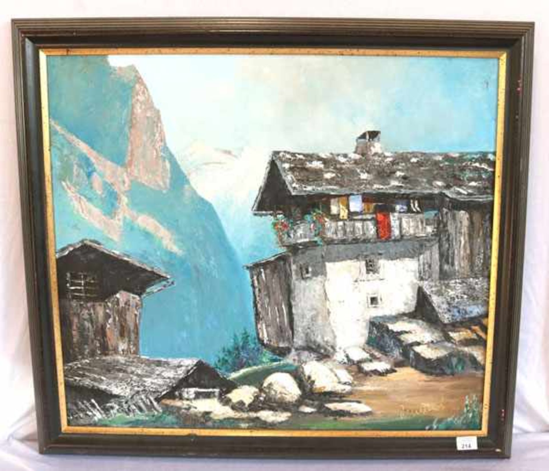 Gemälde ÖL/LW 'Bauernhaus im Hochgebirge', Art Mulley, gerahmt, Rahmen bestossen, incl. Rahmen 80 cm