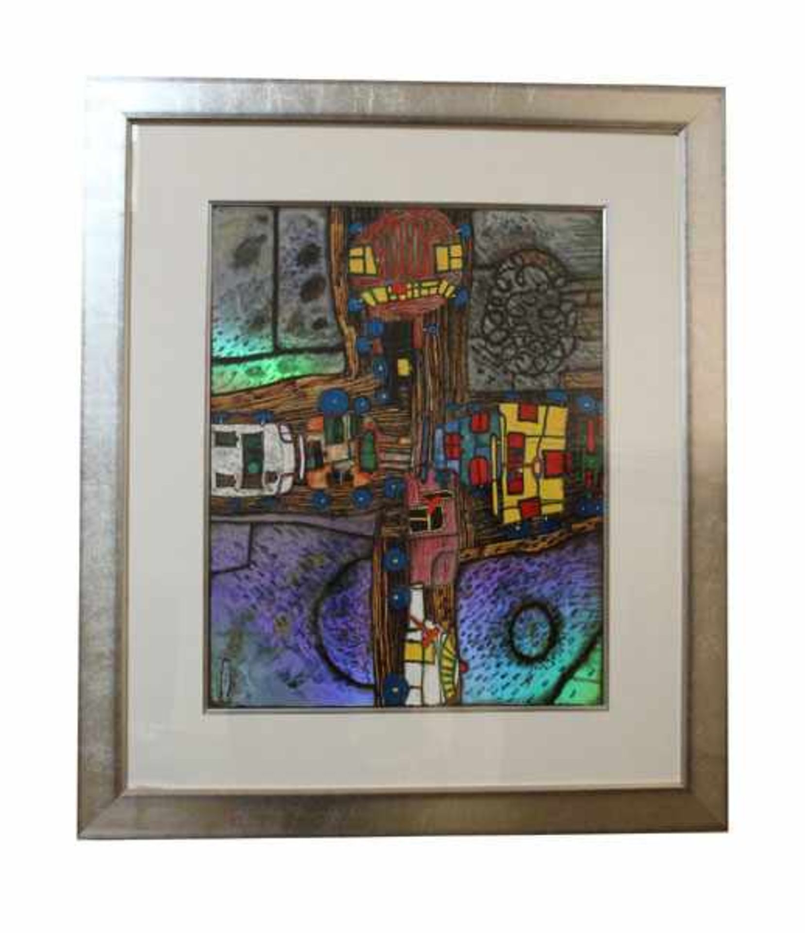 Serigraphie mit Silber- und Goldfolienprägung nach Friedensreich Hundertwasser 'Kreuzung', mit