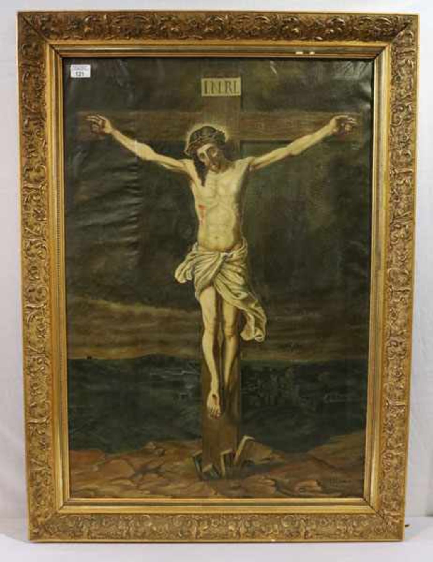 Gemälde ÖL/LW 'Jesus am Kreuz', signiert H. Hissen, datiert 14.VI.04, gerahmt, Rahmen bestossen,