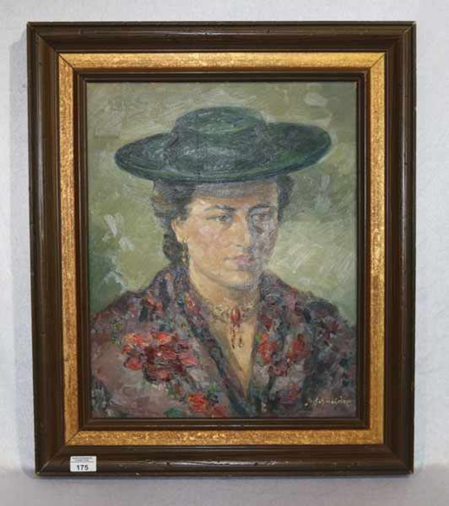 Gemälde ÖL/Hartfaser 'Damenporträt mit Trachtenhut', signiert Schneider, gerahmt, Rahmen