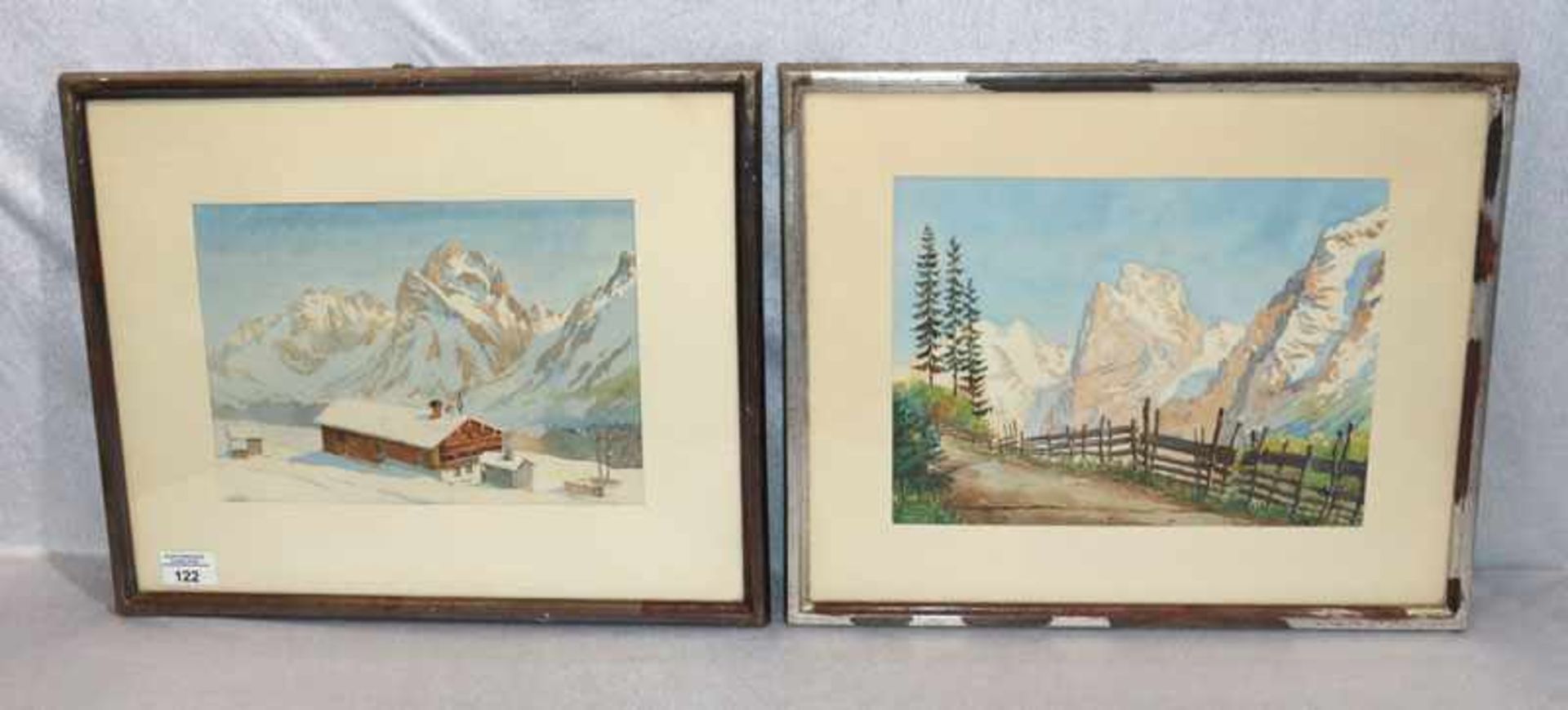 2 Aquarelle 'Hochgebirge im Sommer' und 'Haus im Hochgebirge im Winter', beide signiert Friedel,