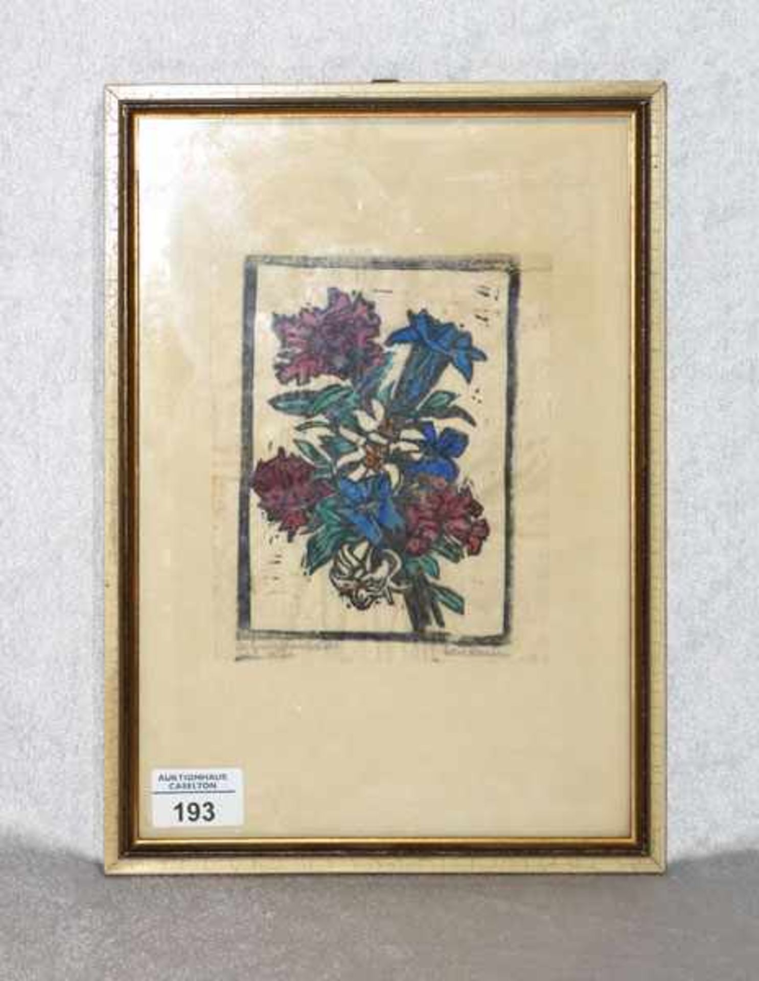 Holzschnitt 'Alpenblumen-Alpenrosen, Enzian und Edelweiß', signiert Carl Reiser, Prof., * 1877