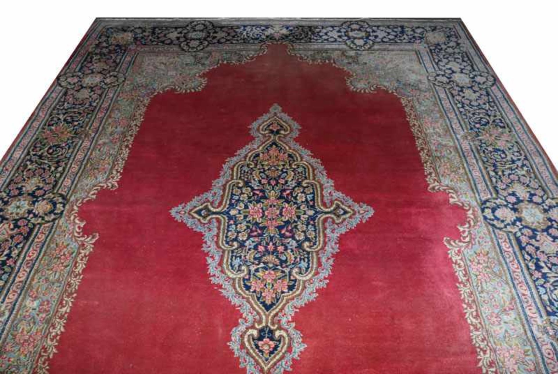 Teppich, Kirman, rot/blau/bunt, Gebrauchsspuren, 354 cm x 250 cm