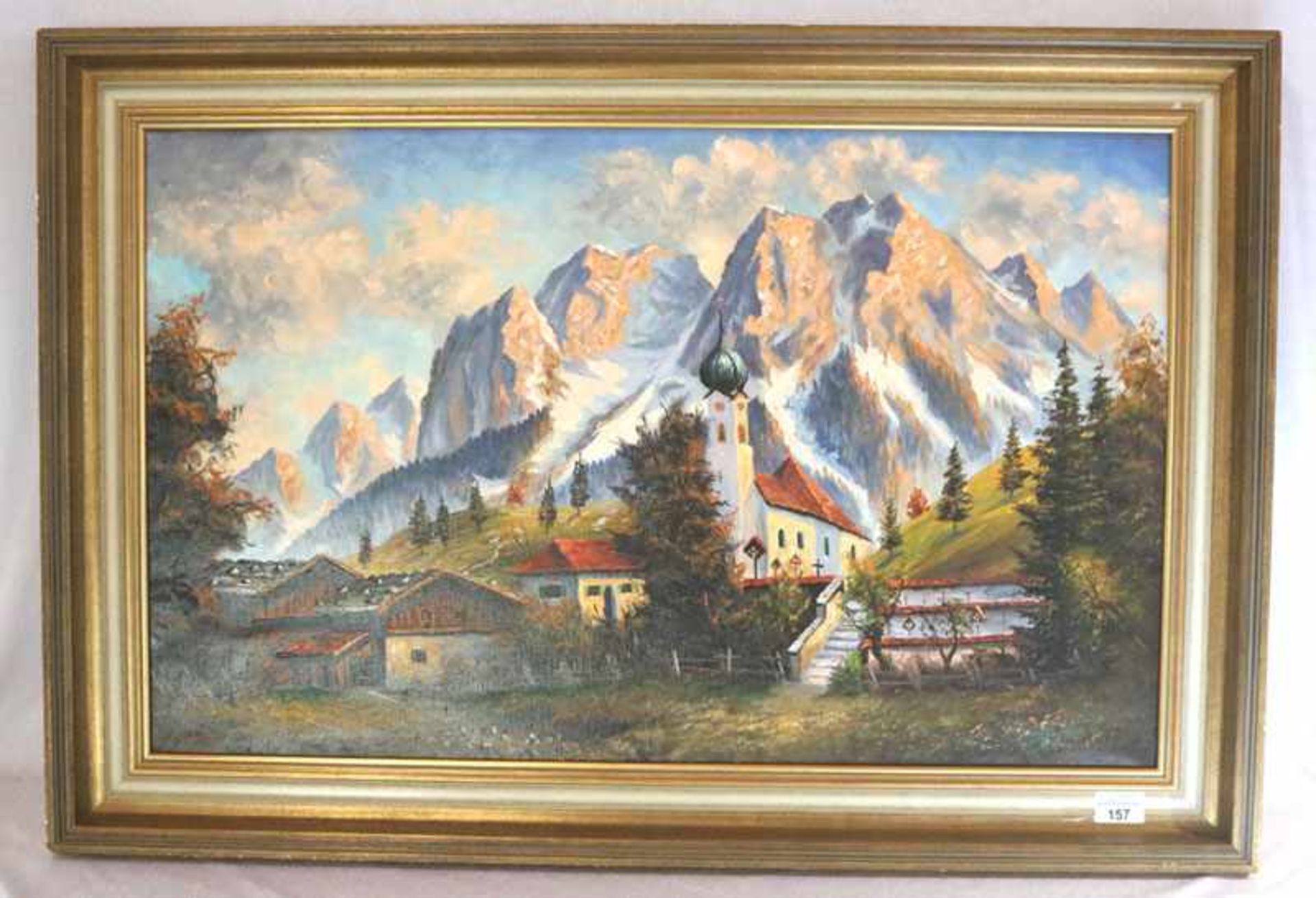 Gemälde ÖL/LW 'Grainauer Kirche mit Wettersteingebirge', signiert Schmid, gerahmt, Rahmen leicht
