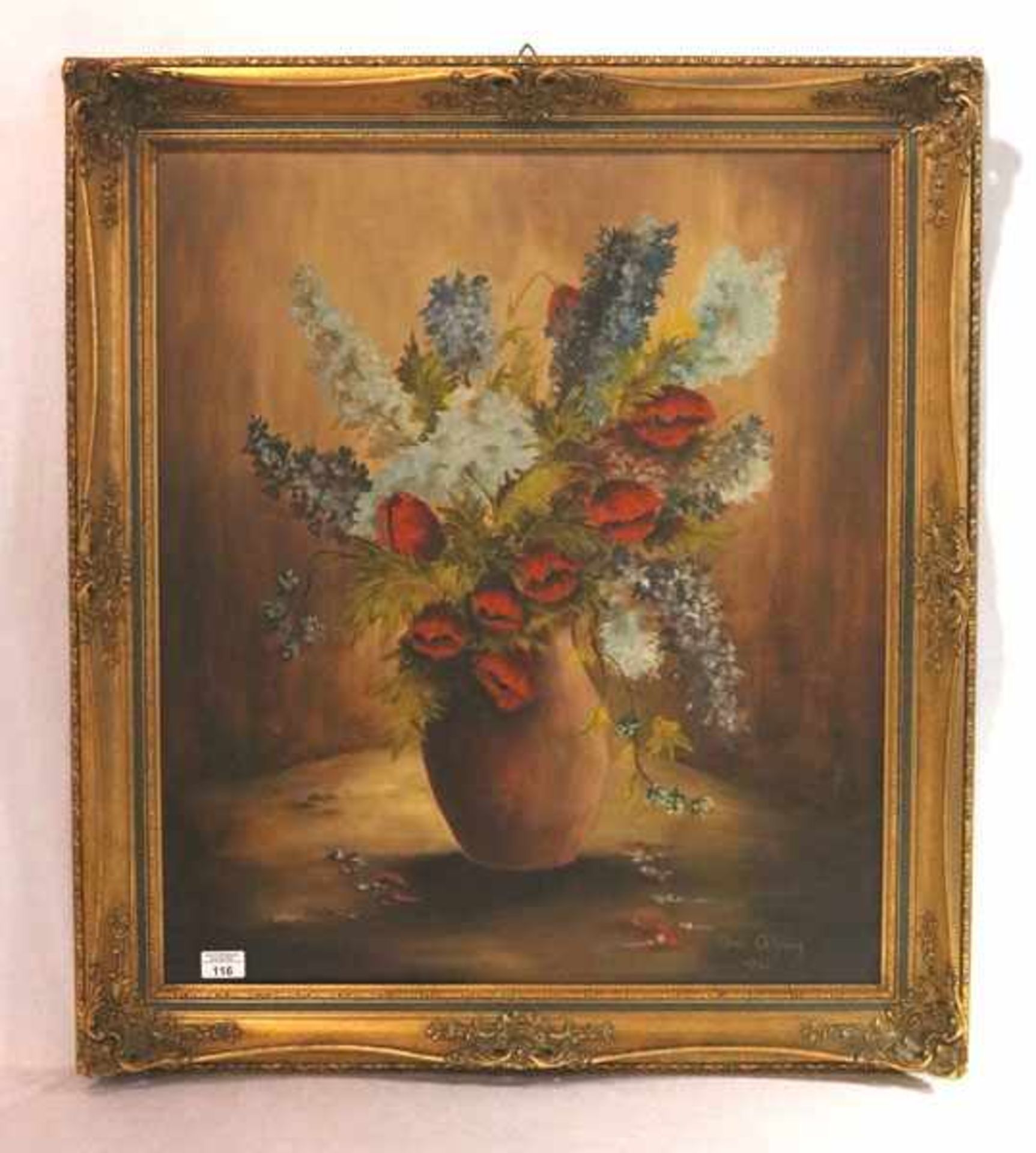 Gemälde ÖL/Hartfaser 'Blumenstillleben mit Rittersporn und Mohn in Vase', signiert Hans Gehring,