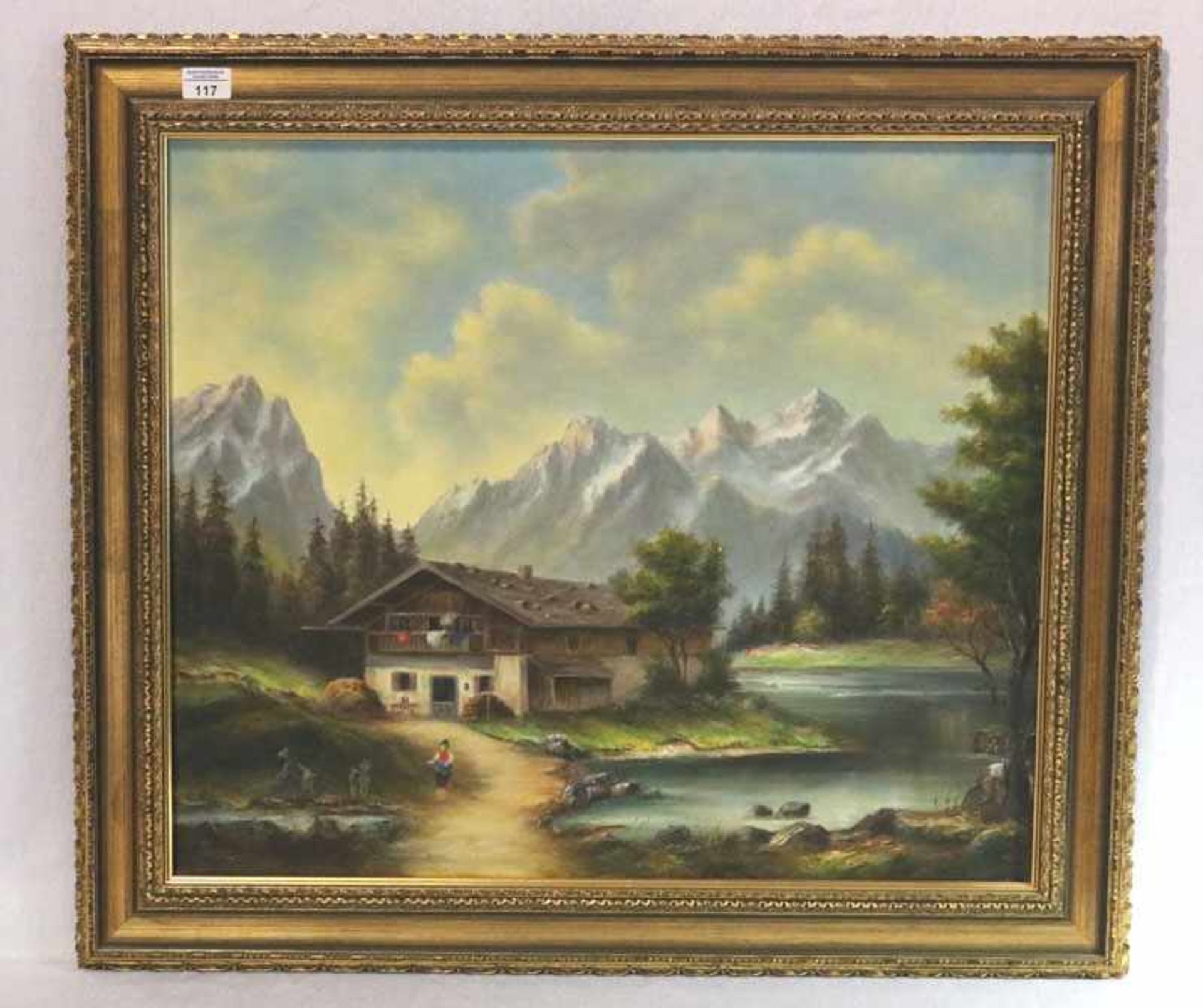 Gemälde ÖL/LW 'Gebirgslandschaft mit Bauernhaus', gerahmt, incl. Rahmen 75 cm x 85 cm