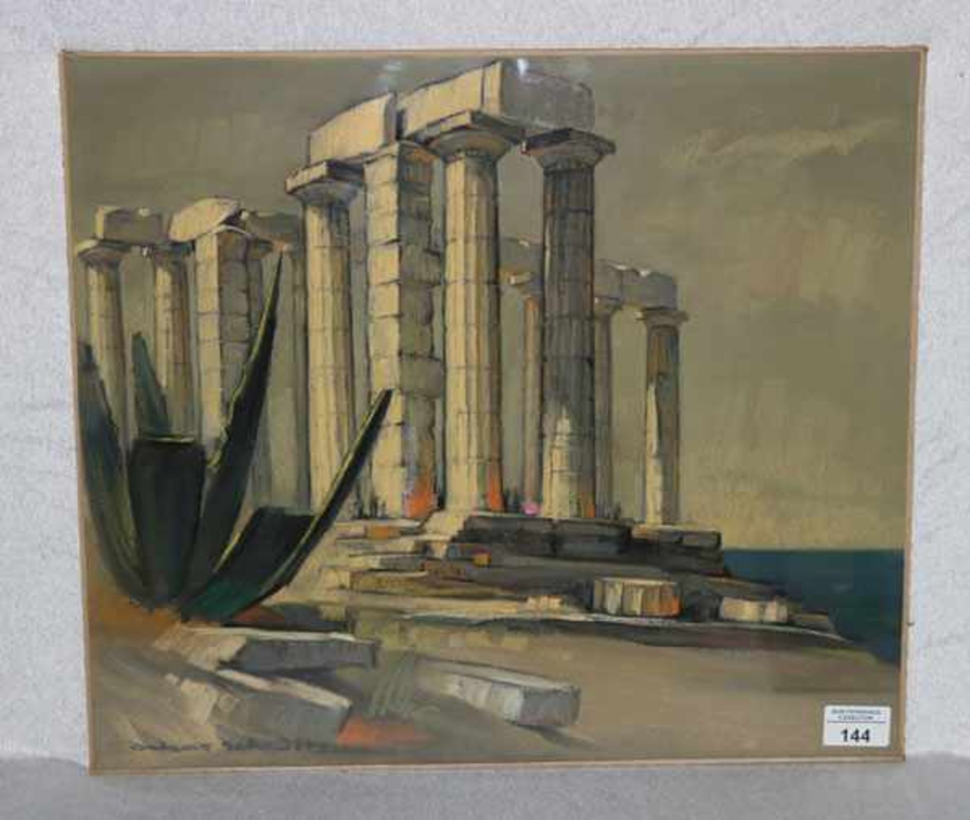 Gemälde Pastell 'Kap Sounion-Poseidon-Tempel', signiert Oskar Schultz, * 11.5.1892 Warwen + 21.3.