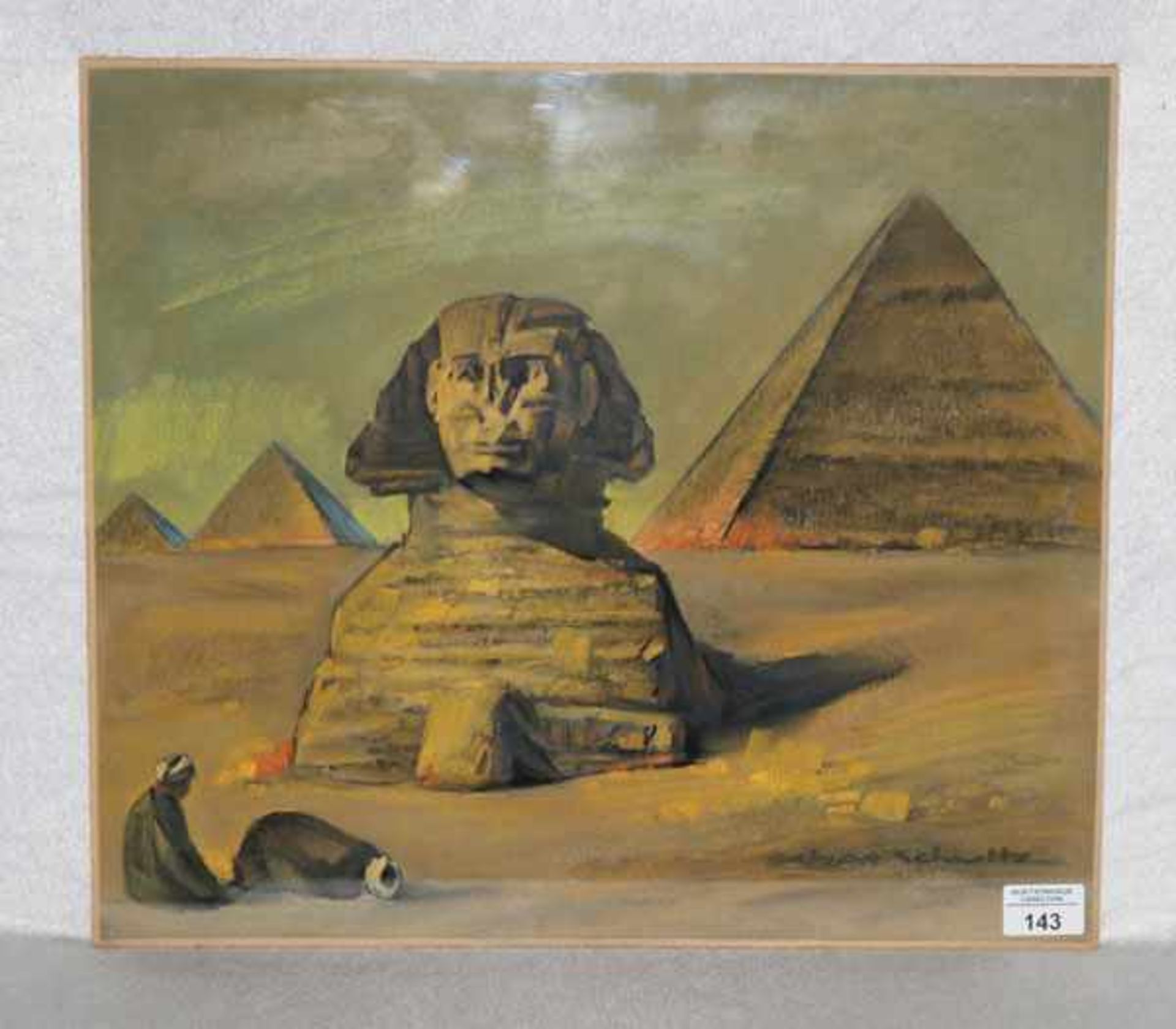 Gemälde Pastell 'Die Sphinx und Pyramiden von Gizeh', signiert Oskar Schultz, * 11.5.1892 Warwen +