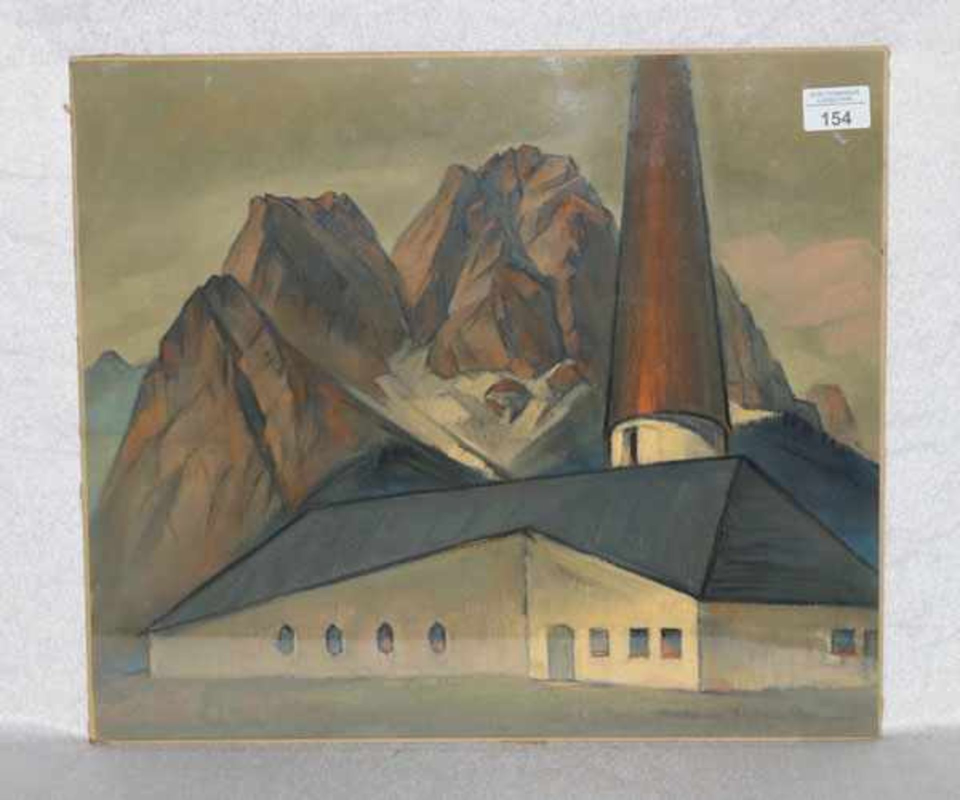 Gemälde Pastell 'Ev. Kirche in Grainau mit Waxensteinen', signiert Oskar Schultz, * 11.5.1892 Warwen